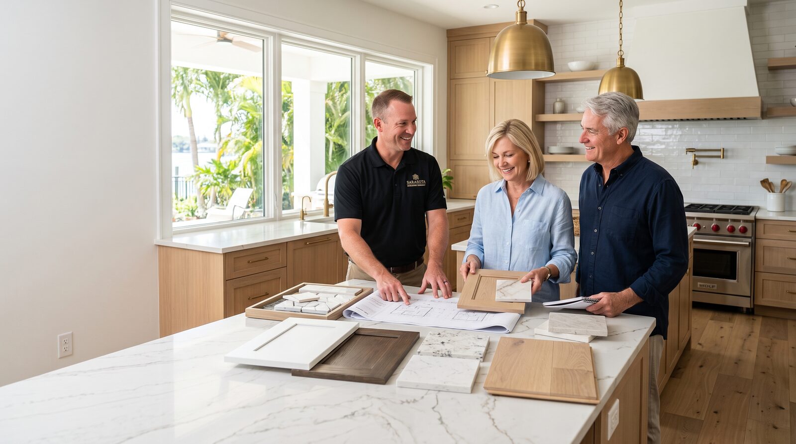 Michael Greig consulting with homeowners over material samples and blueprints during a kitchen renovation planning session — Sarasota Building Co.